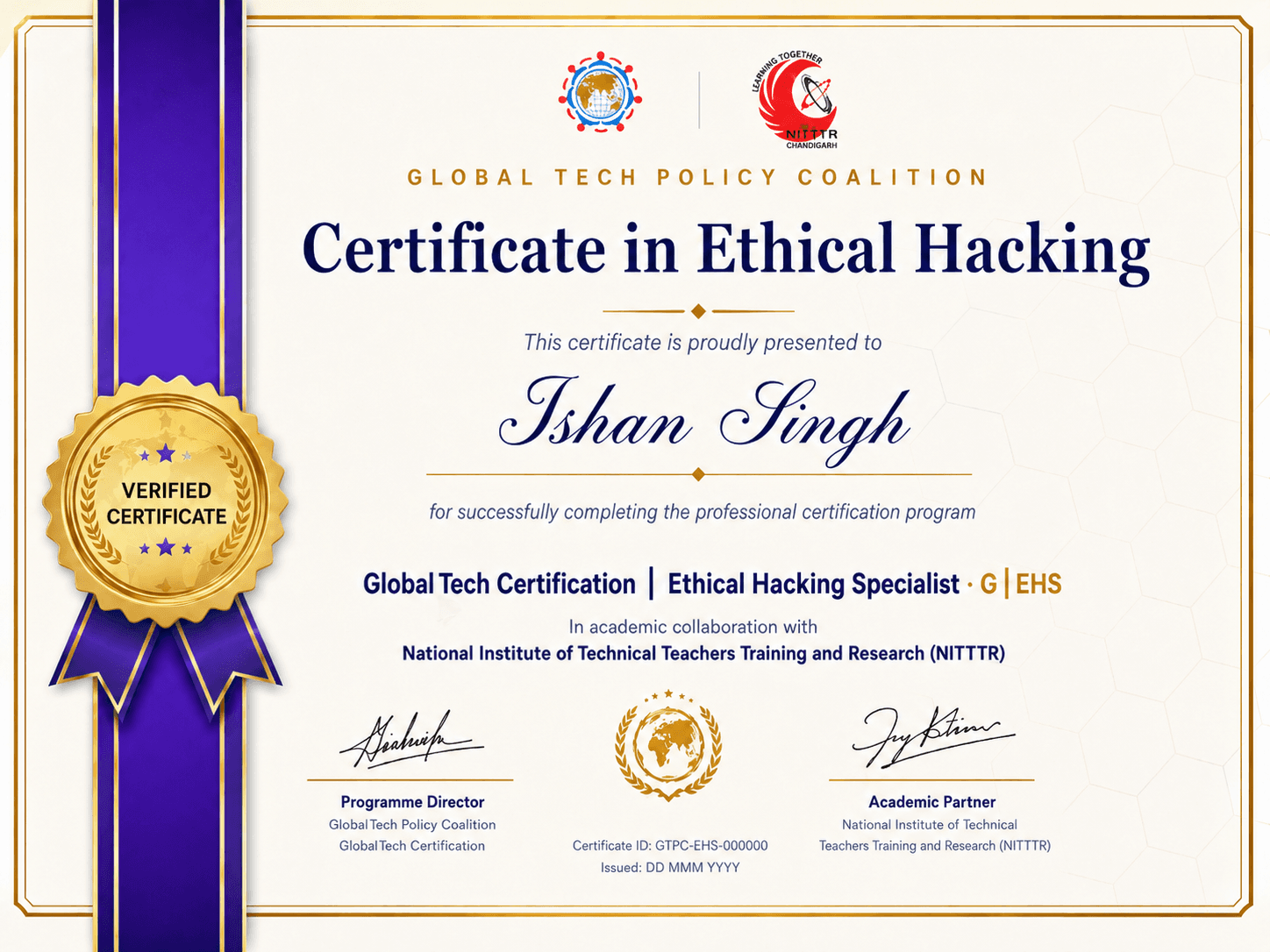 Sample certificate for Global DPO & SOC Investigator