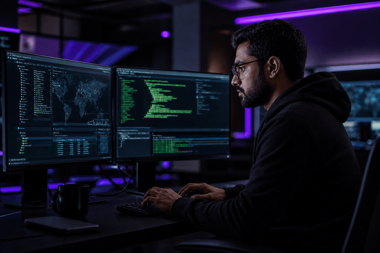 Indian ethical hacking specialist reviewing vulnerability scans on dual monitors in a modern cybersecurity lab.