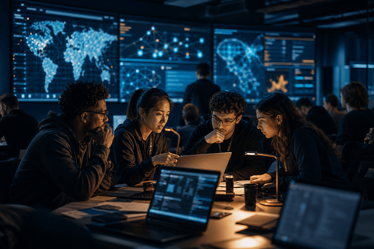 Hackathon participants building through the night on the challenge tracks
