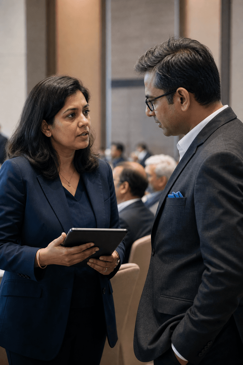 Indian delegates in conversation at a technology policy convening