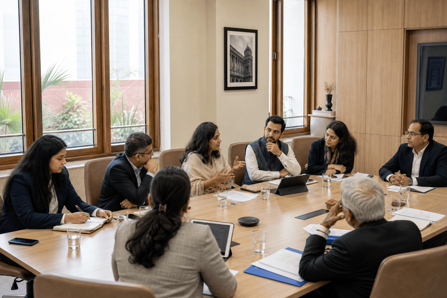 Indian policymakers and industry leaders in a tech policy roundtable in New Delhi